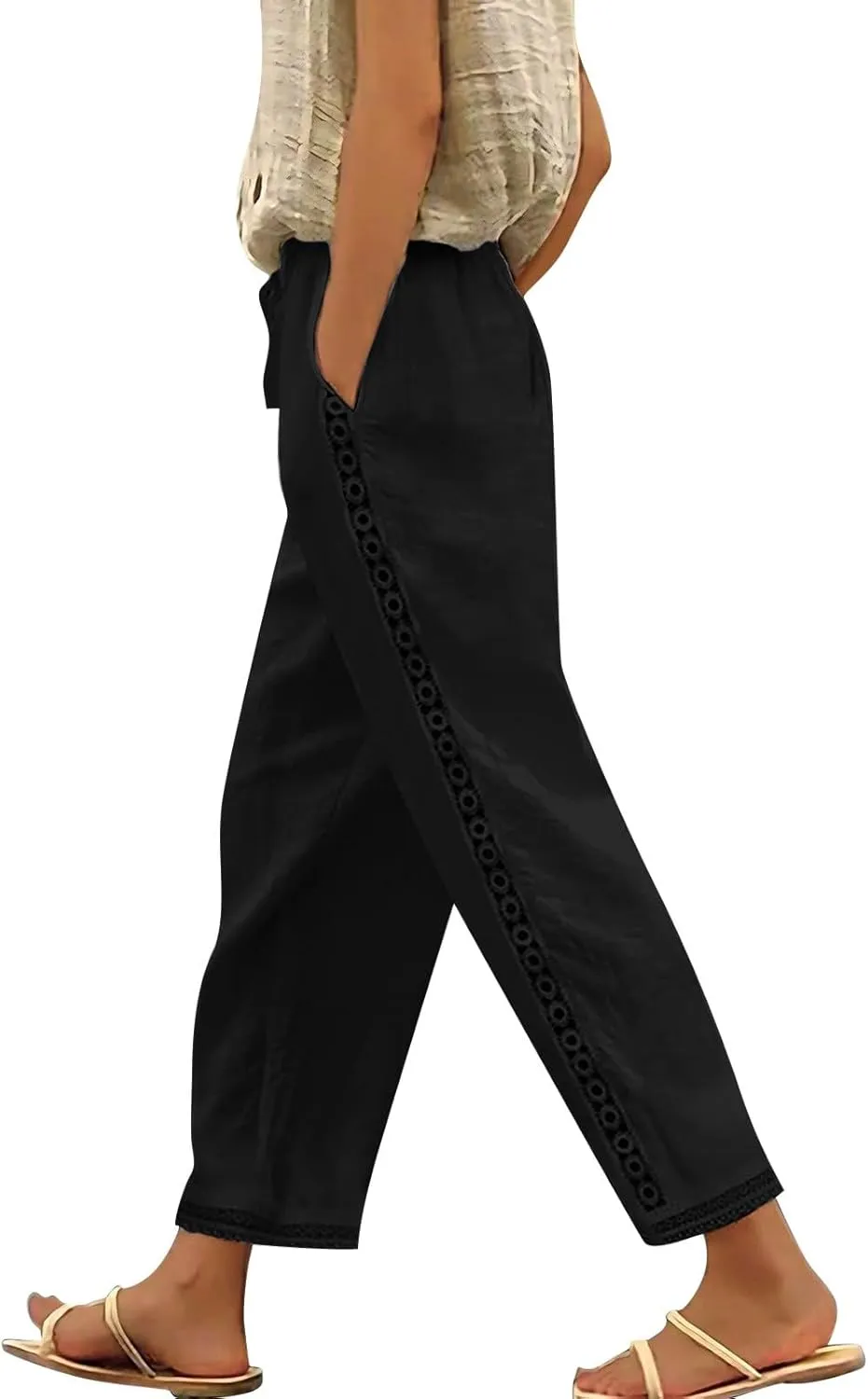 Womens Linen Capri Pants with Drawstring Petite Side Button Summer Beachwear Lightweight Elastic Waist Trousers