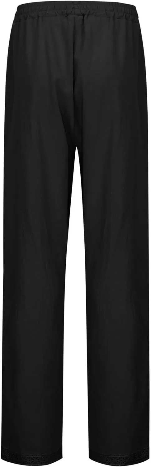 Womens Linen Capri Pants with Drawstring Petite Side Button Summer Beachwear Lightweight Elastic Waist Trousers