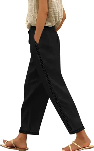 Womens Linen Capri Pants with Drawstring Petite Side Button Summer Beachwear Lightweight Elastic Waist Trousers