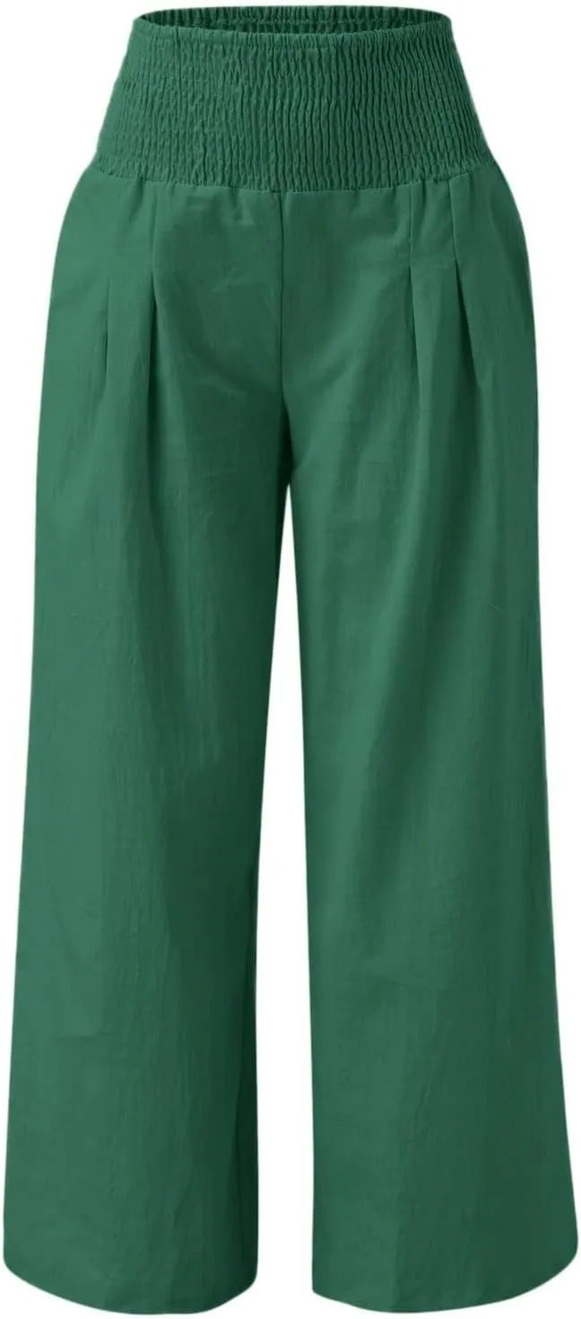 Womens Linen Palazzo Pants Casual Summer Wide Leg High Waist Lounge Slacks Boho Beach Flowy Travel Vacation Trousers