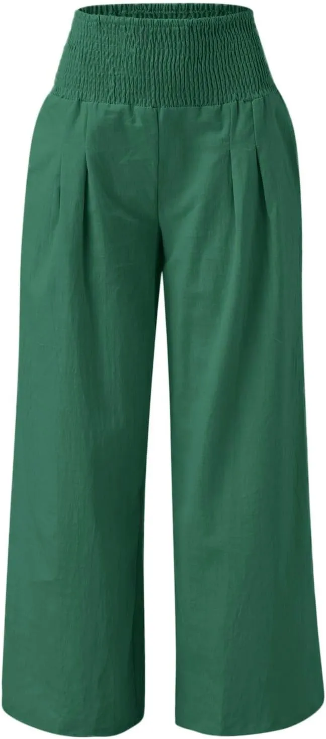 Womens Linen Palazzo Pants Casual Summer Wide Leg High Waist Lounge Slacks Boho Beach Flowy Travel Vacation Trousers