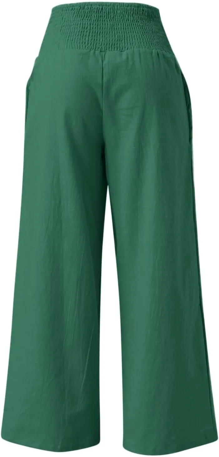 Womens Linen Palazzo Pants Casual Summer Wide Leg High Waist Lounge Slacks Boho Beach Flowy Travel Vacation Trousers