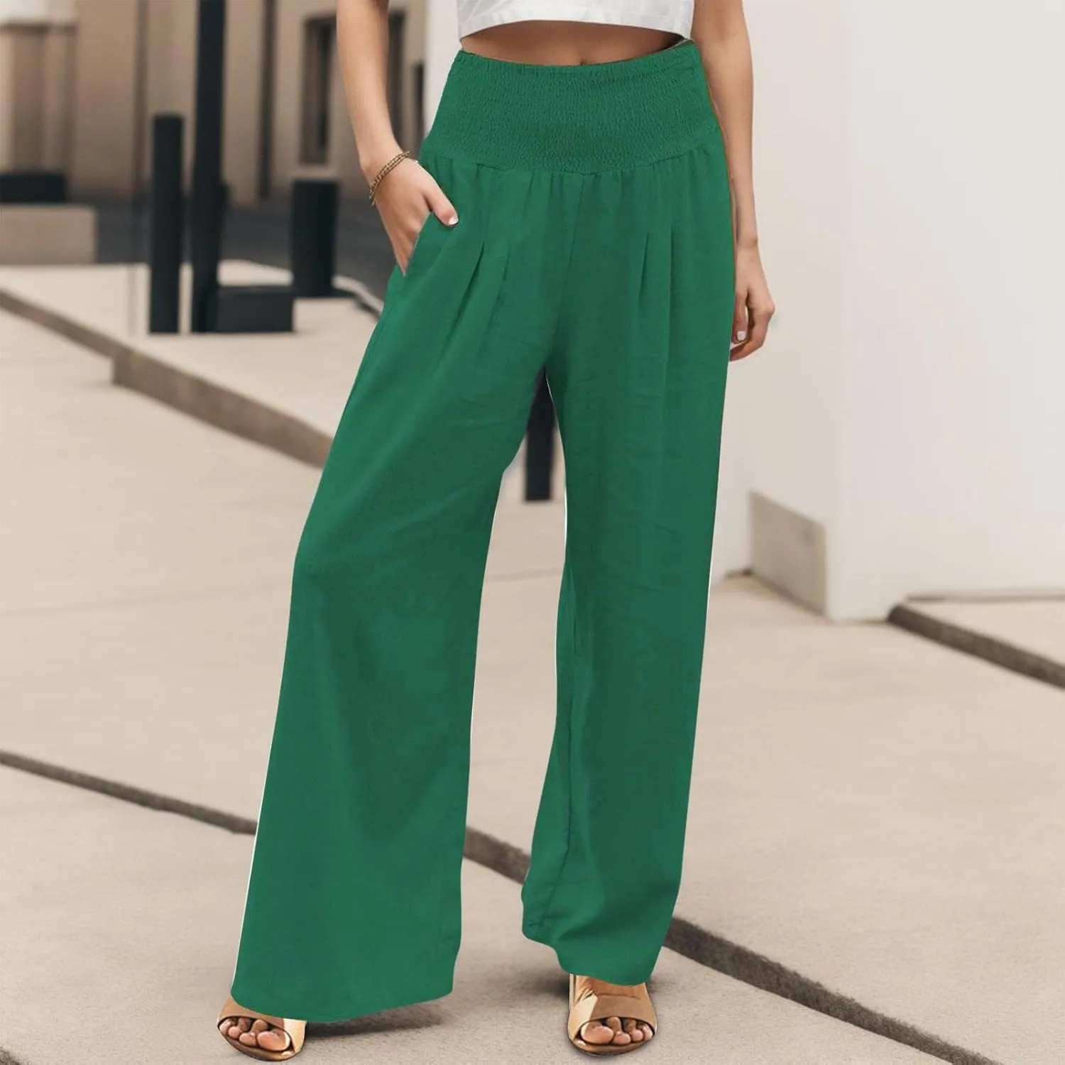 Womens Linen Palazzo Pants Casual Summer Wide Leg High Waist Lounge Slacks Boho Beach Flowy Travel Vacation Trousers