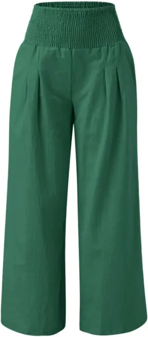 Womens Linen Palazzo Pants Casual Summer Wide Leg High Waist Lounge Slacks Boho Beach Flowy Travel Vacation Trousers