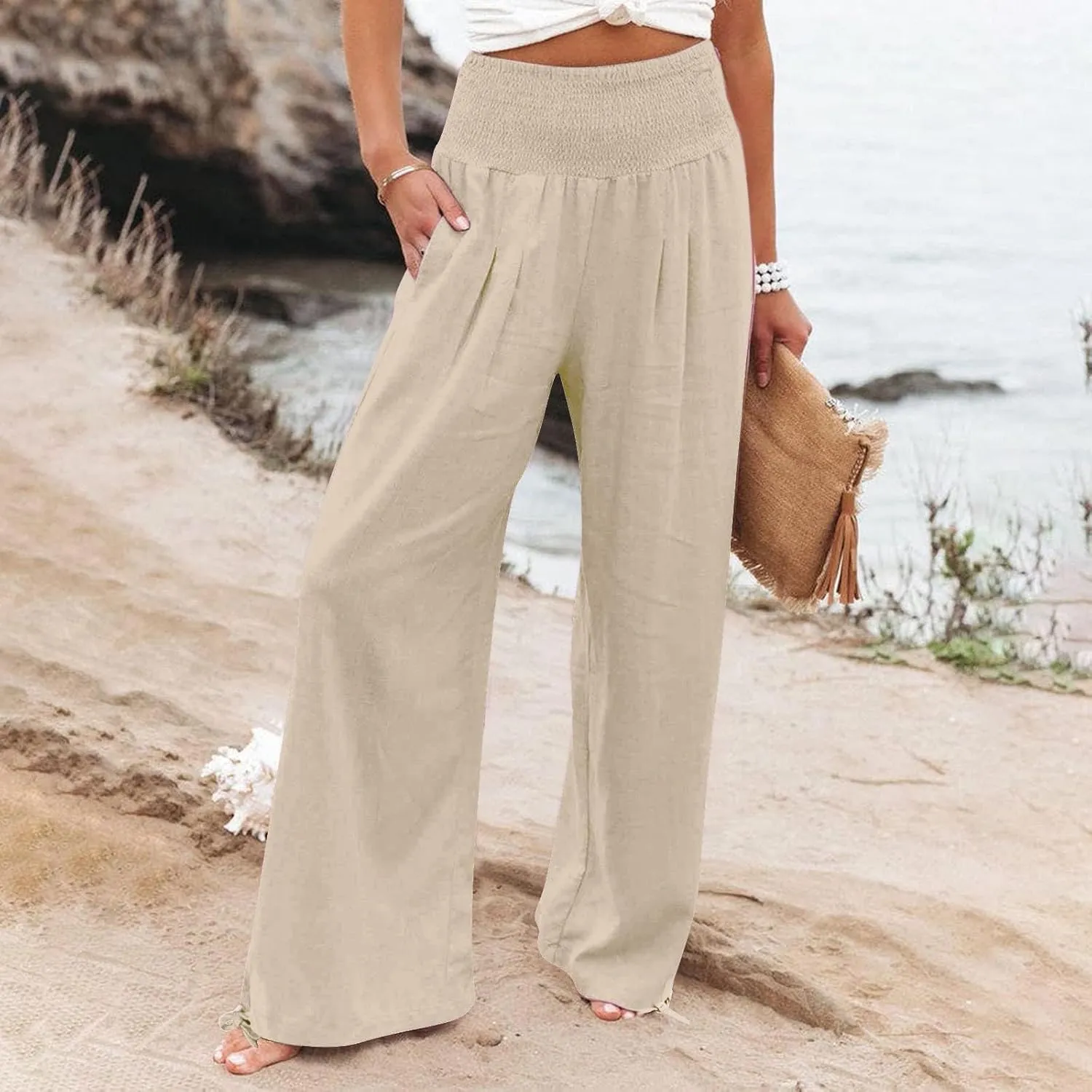 Womens Linen Pants 2025 Summer Casual Wide Leg Pants Loose Flowy Beach Trousers with Pockets
