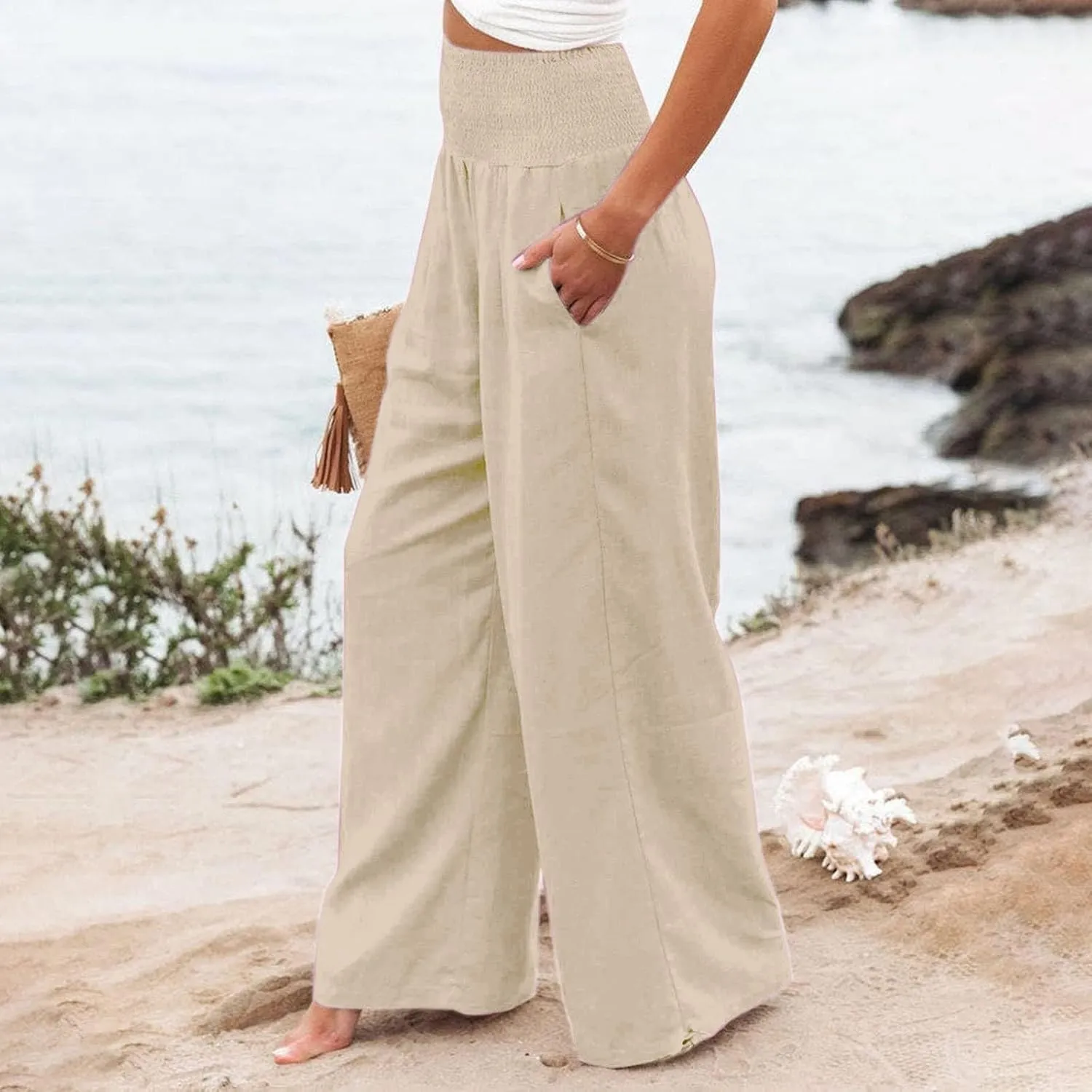 Womens Linen Pants 2025 Summer Casual Wide Leg Pants Loose Flowy Beach Trousers with Pockets
