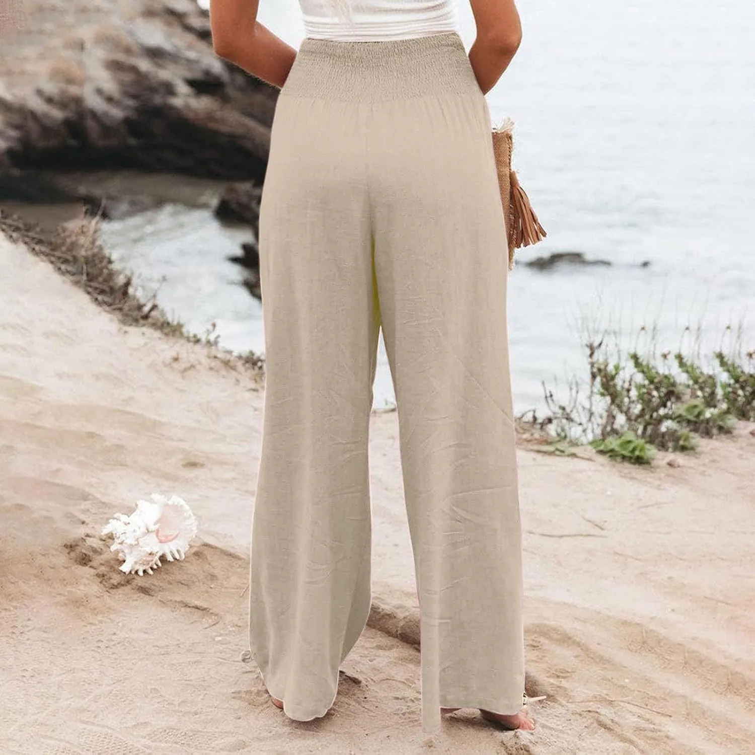 Womens Linen Pants 2025 Summer Casual Wide Leg Pants Loose Flowy Beach Trousers with Pockets
