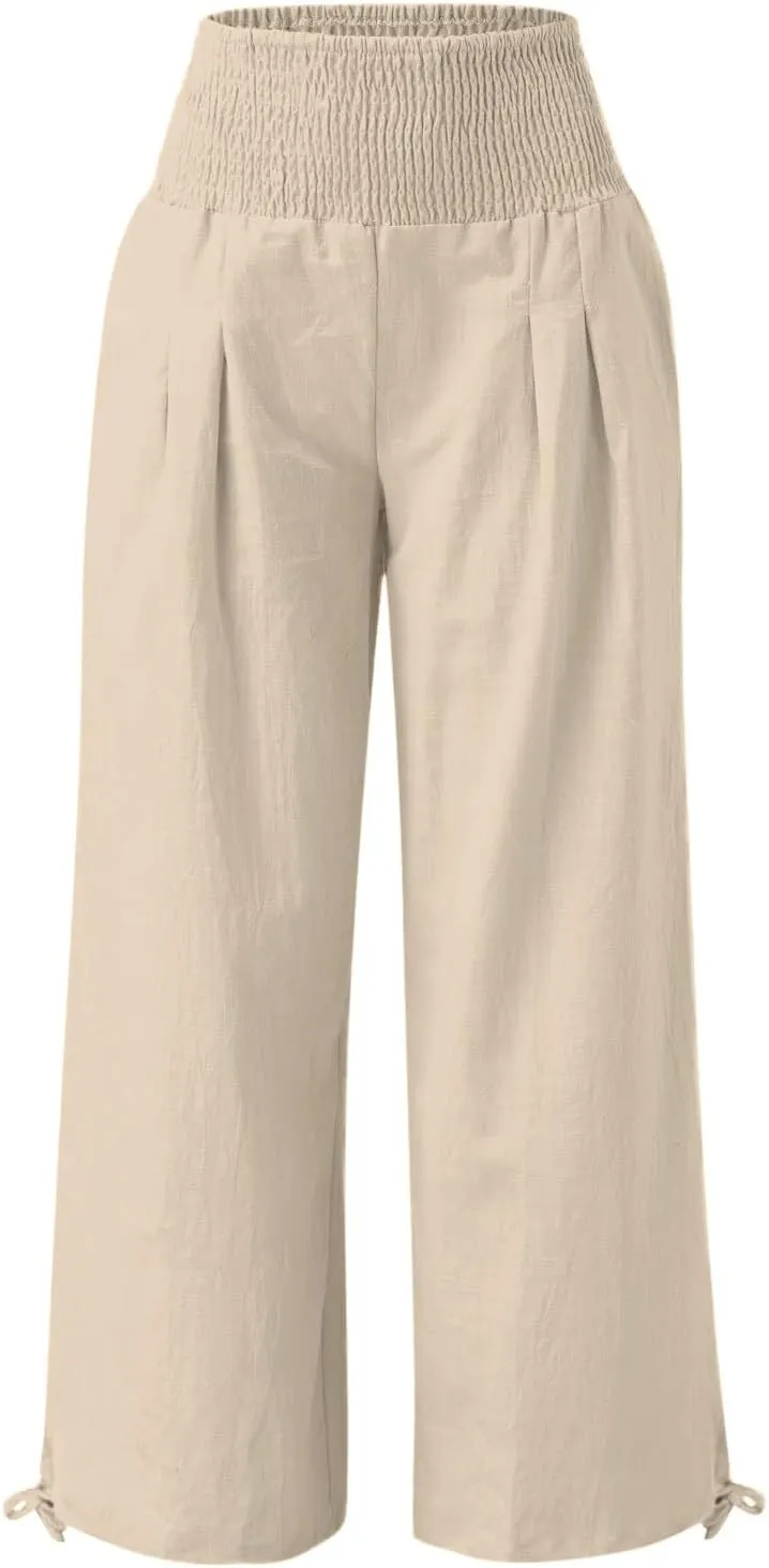 Womens Linen Pants 2025 Summer Casual Wide Leg Pants Loose Flowy Beach Trousers with Pockets