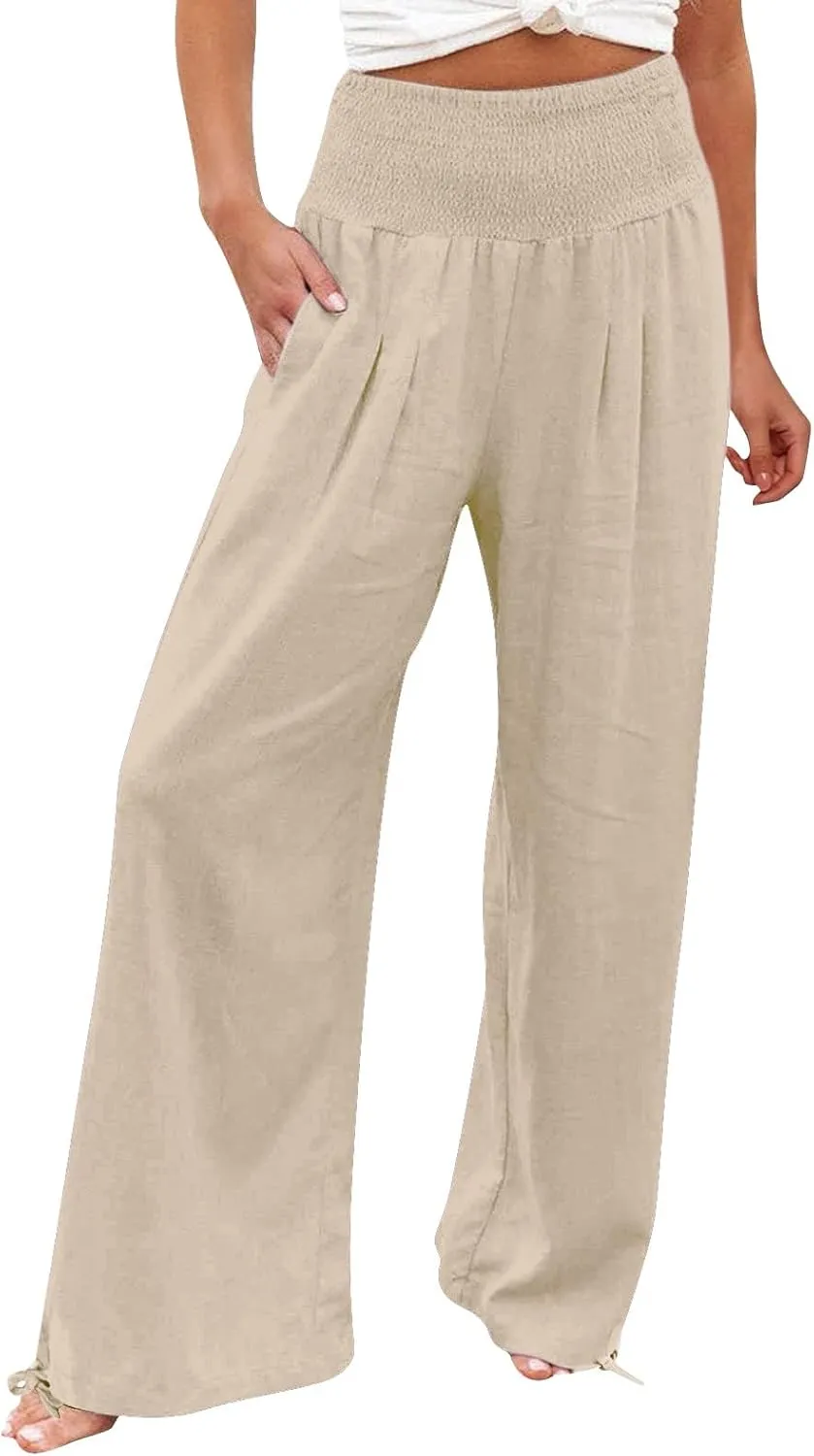 Womens Linen Pants 2025 Summer Casual Wide Leg Pants Loose Flowy Beach Trousers with Pockets