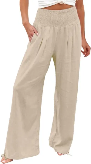 Womens Linen Pants 2025 Summer Casual Wide Leg Pants Loose Flowy Beach Trousers with Pockets