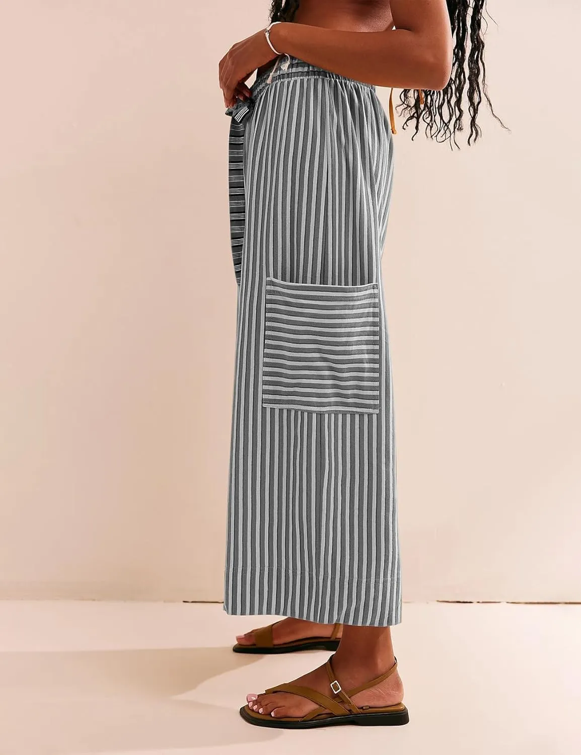 Women's Low Rise Striped Wide Leg Pants Loose Fit Drawstring Waist Striped Lounge Palazzo Pants with Pockets