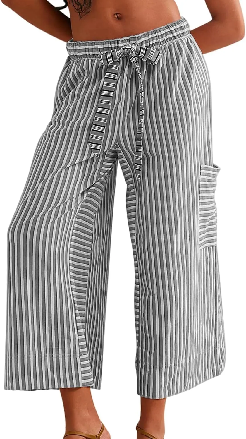 Women's Low Rise Striped Wide Leg Pants Loose Fit Drawstring Waist Striped Lounge Palazzo Pants with Pockets