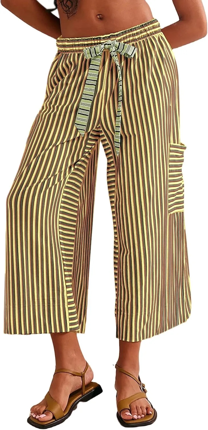 Women's Low Rise Striped Wide Leg Pants Loose Fit Drawstring Waist Striped Lounge Palazzo Pants with Pockets