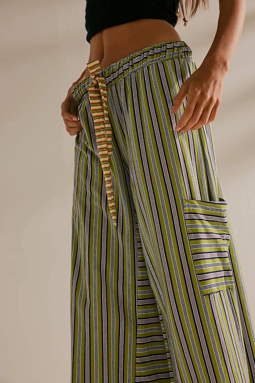 Women's Low Rise Striped Wide Leg Pants Loose Fit Drawstring Waist Striped Lounge Palazzo Pants with Pockets