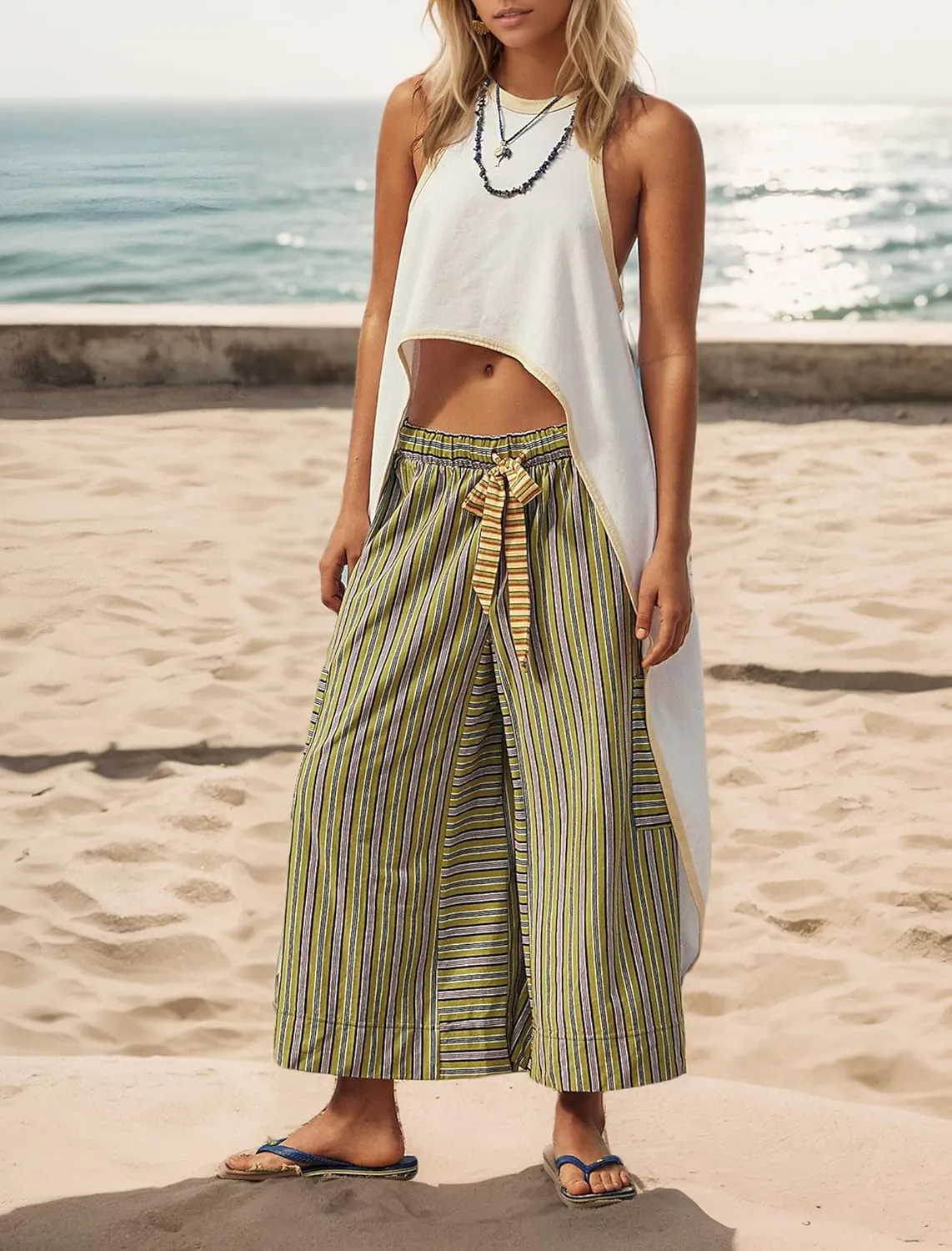 Women's Low Rise Striped Wide Leg Pants Loose Fit Drawstring Waist Striped Lounge Palazzo Pants with Pockets