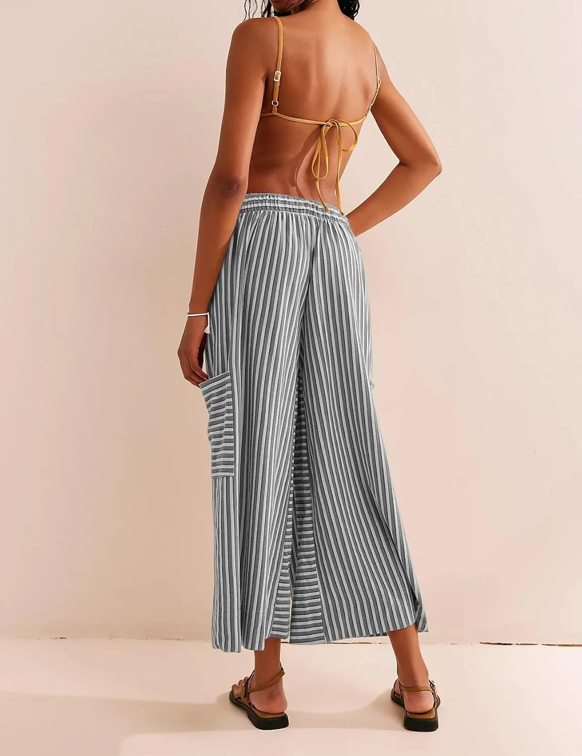 Women's Low Rise Striped Wide Leg Pants Loose Fit Drawstring Waist Striped Lounge Palazzo Pants with Pockets