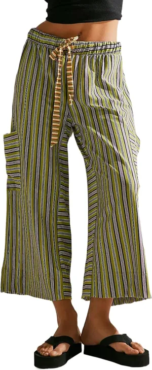 Women's Low Rise Striped Wide Leg Pants Loose Fit Drawstring Waist Striped Lounge Palazzo Pants with Pockets