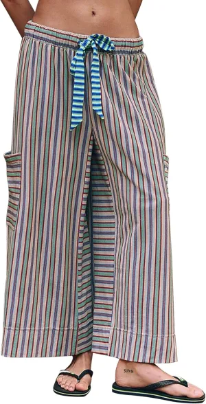 Women's Low Rise Striped Wide Leg Pants Loose Fit Drawstring Waist Striped Lounge Palazzo Pants with Pockets