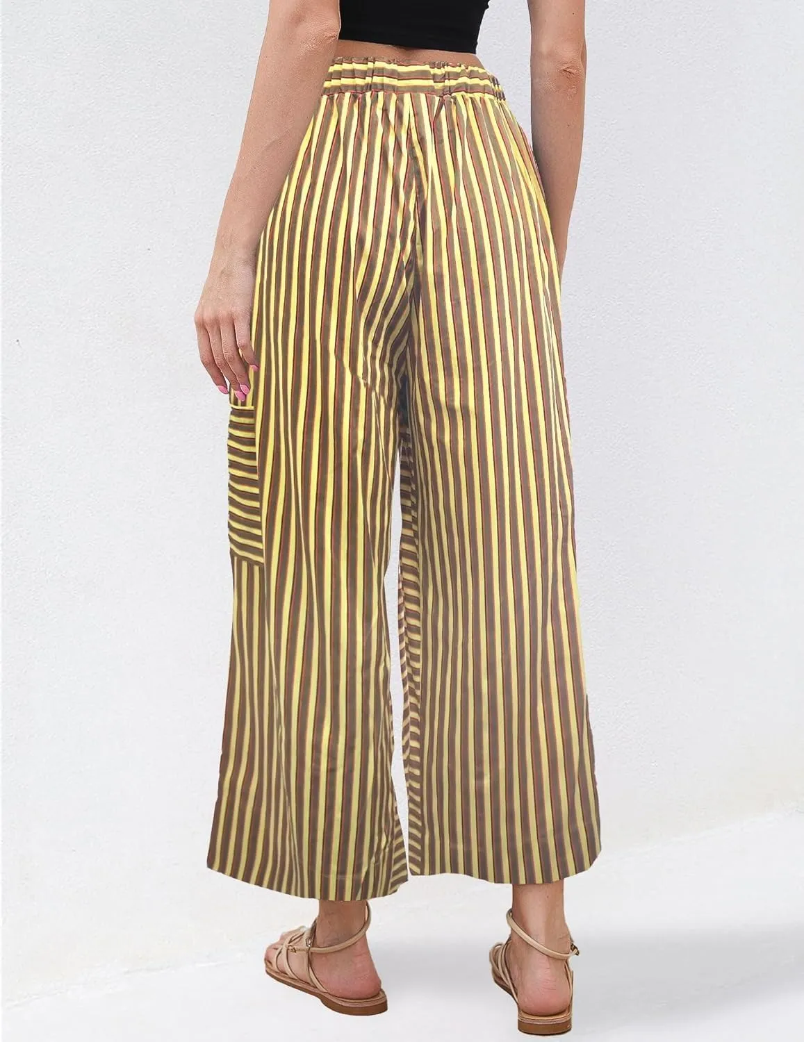 Women's Low Rise Striped Wide Leg Pants Loose Fit Drawstring Waist Striped Lounge Palazzo Pants with Pockets