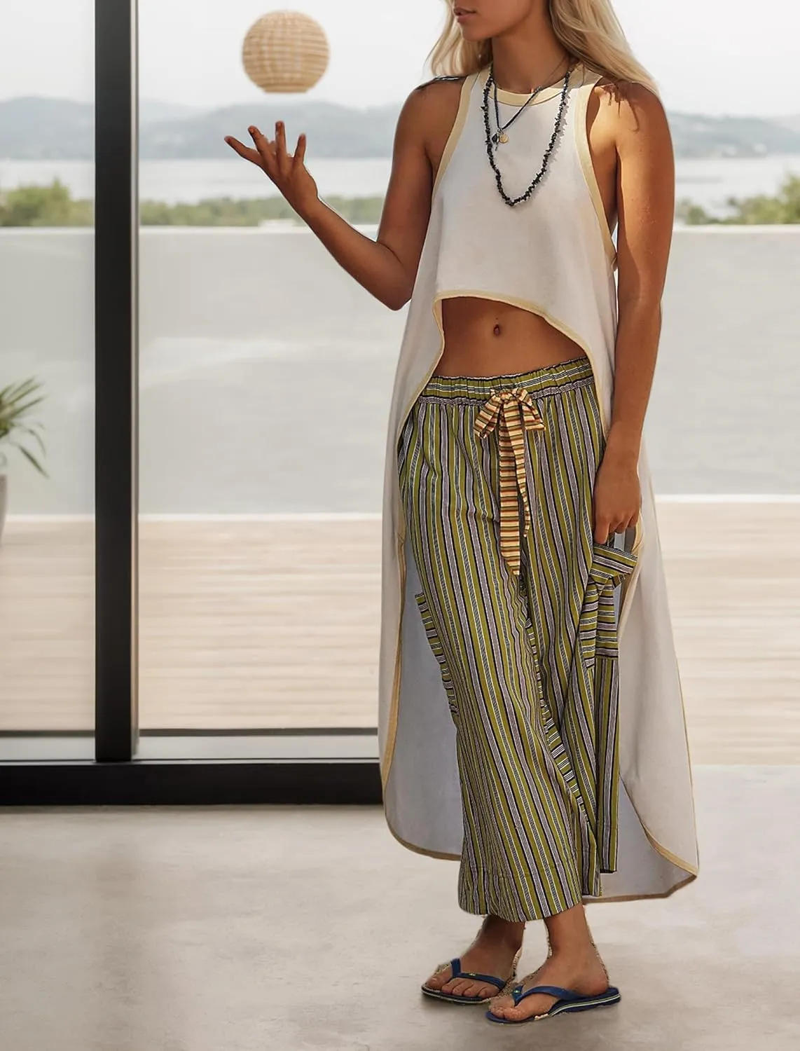 Women's Low Rise Striped Wide Leg Pants Loose Fit Drawstring Waist Striped Lounge Palazzo Pants with Pockets