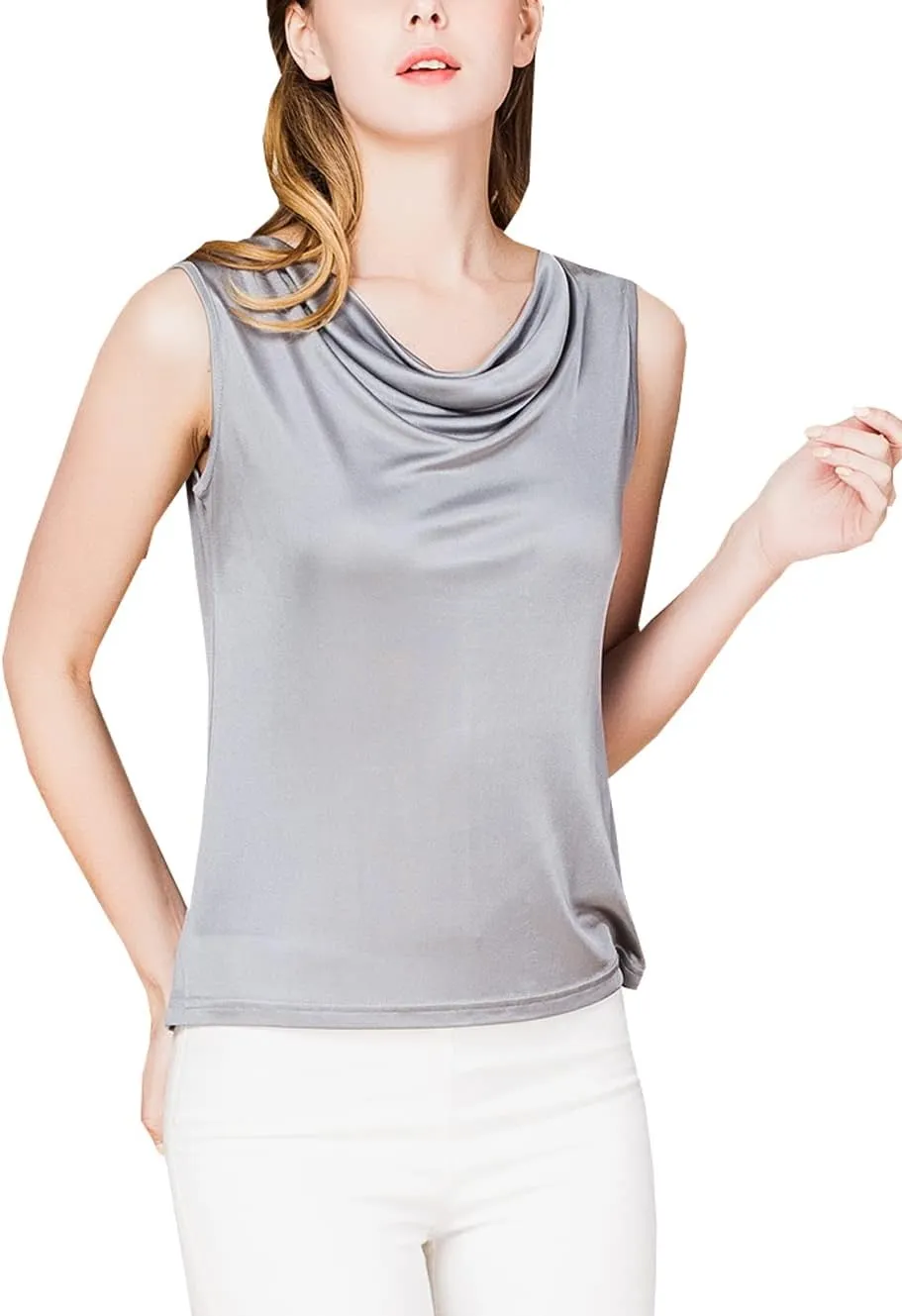 Womens Mulberry Silk Tank Top/Sleeveless Cowl Neck Pure Silk Blouse Tops|Summer Real Silk Tank T-Shirt