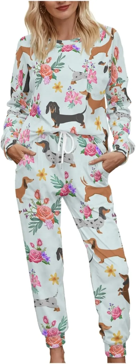 Women's Pajama Sets Dachshund Flowers Dogs Crewneck Tops and Pants PJ Set Nightwear
