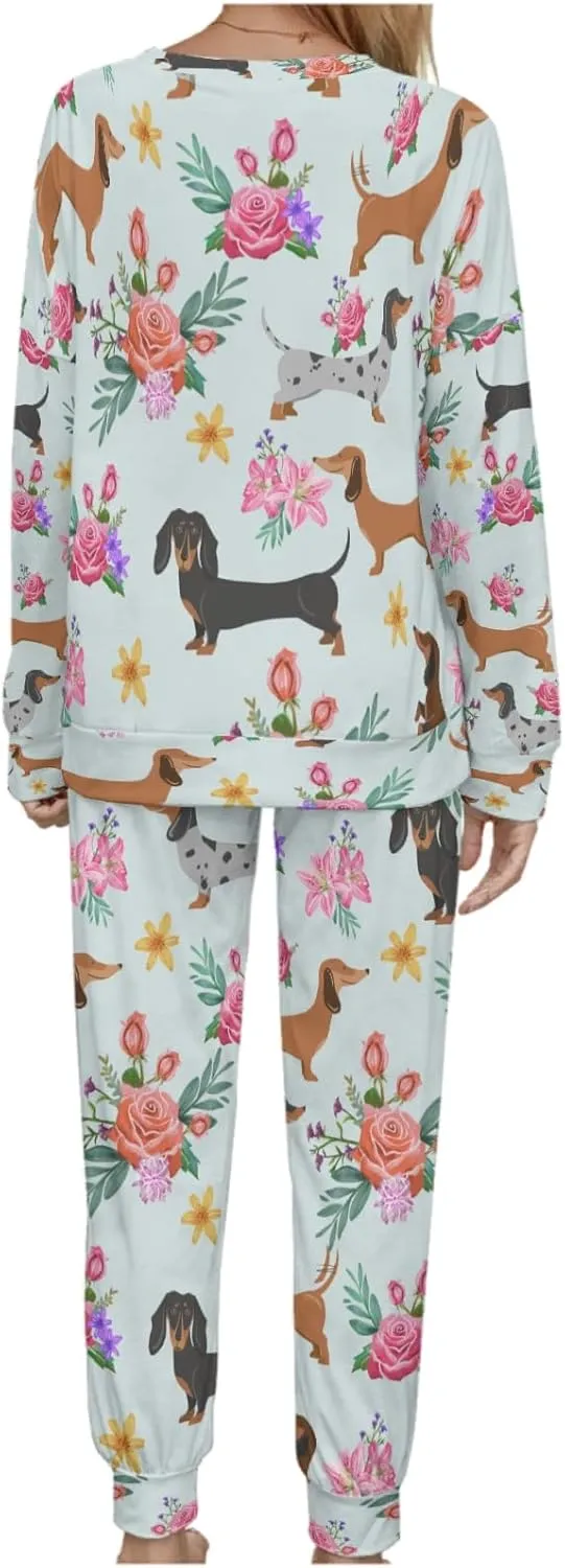 Women's Pajama Sets Dachshund Flowers Dogs Crewneck Tops and Pants PJ Set Nightwear