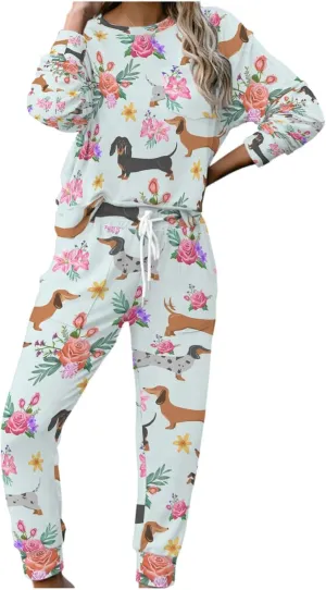 Women's Pajama Sets Dachshund Flowers Dogs Crewneck Tops and Pants PJ Set Nightwear
