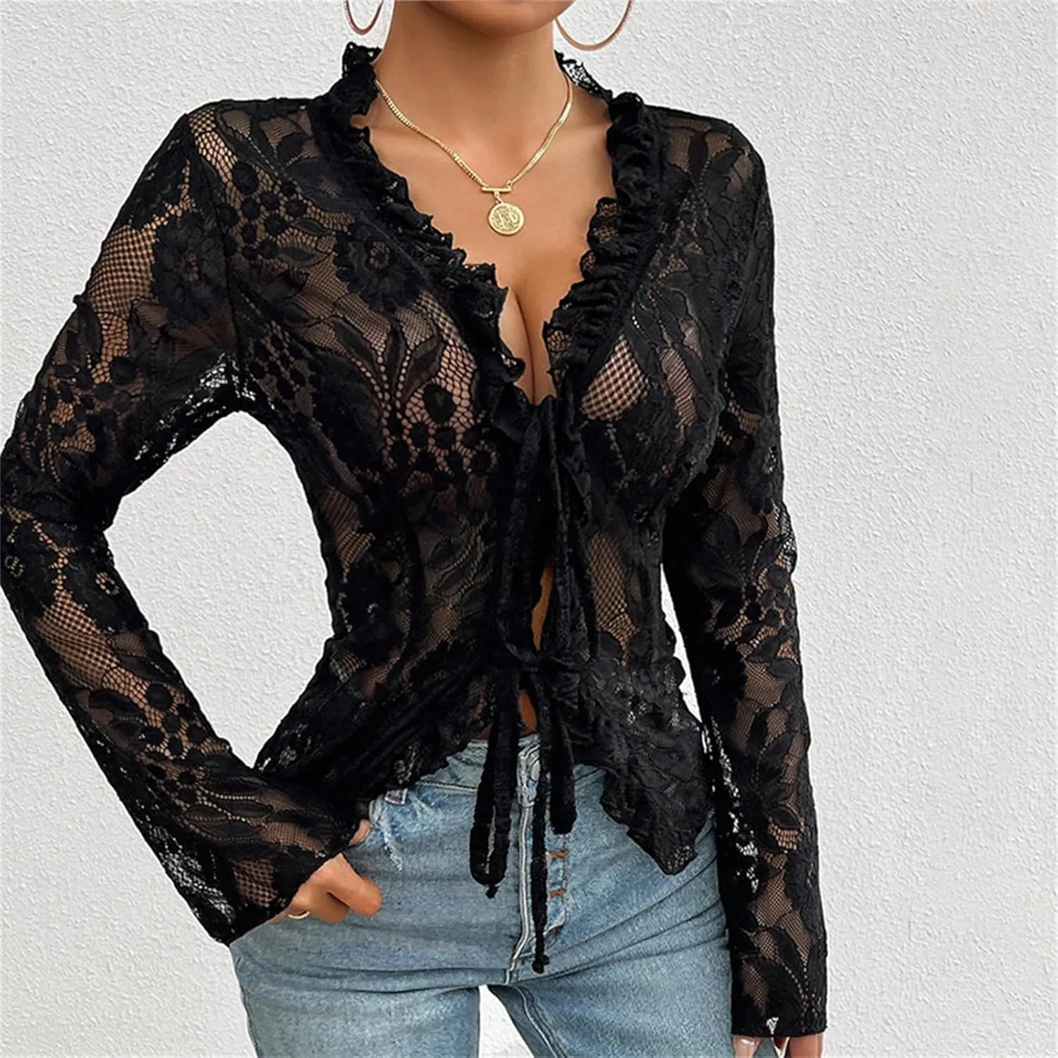 Womens Sheer Lace Floral Open Front Bolero Shrug Cardigan Sexy See Through Tie Up Top Summer Long Sleeve Cover Ups