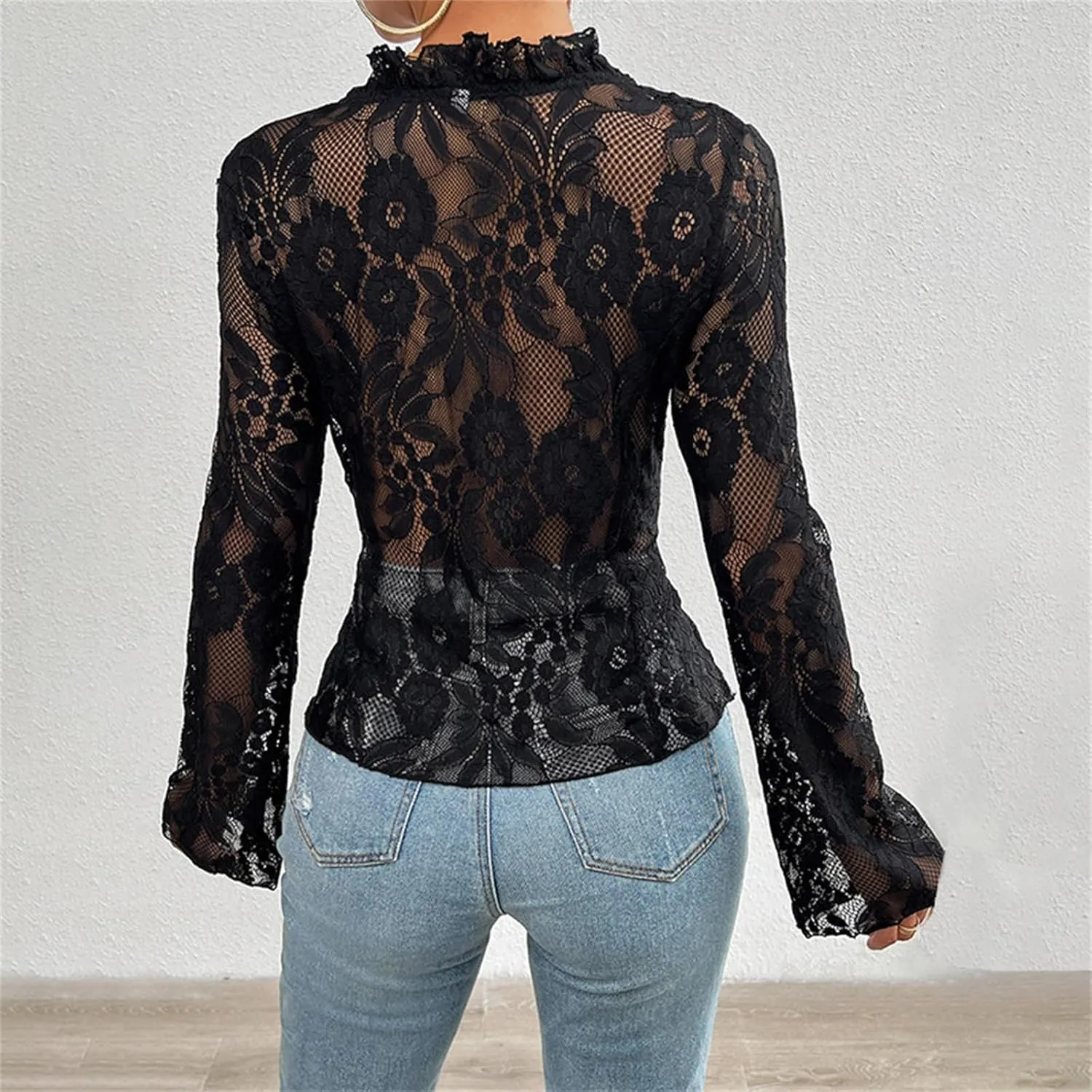 Womens Sheer Lace Floral Open Front Bolero Shrug Cardigan Sexy See Through Tie Up Top Summer Long Sleeve Cover Ups