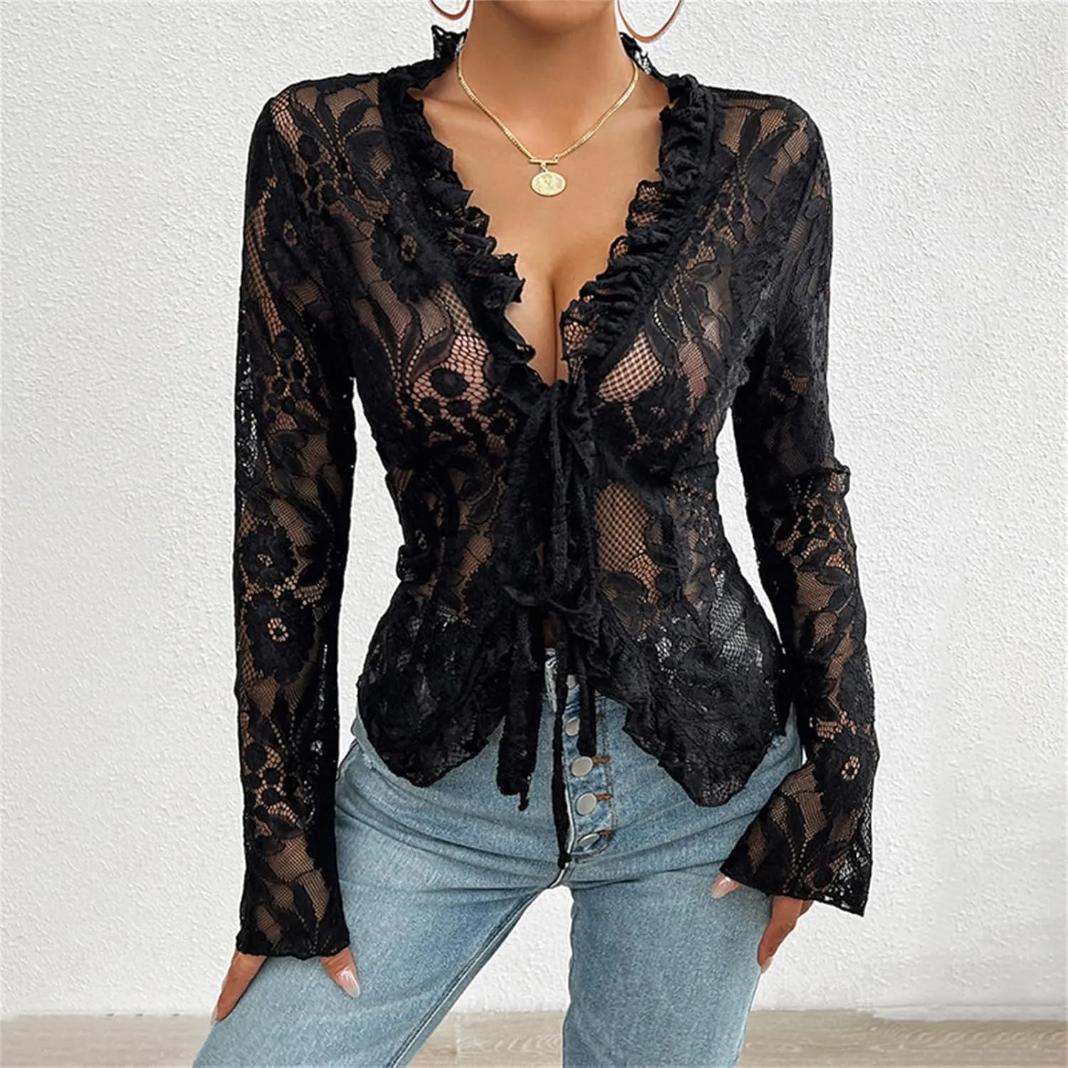 Womens Sheer Lace Floral Open Front Bolero Shrug Cardigan Sexy See Through Tie Up Top Summer Long Sleeve Cover Ups