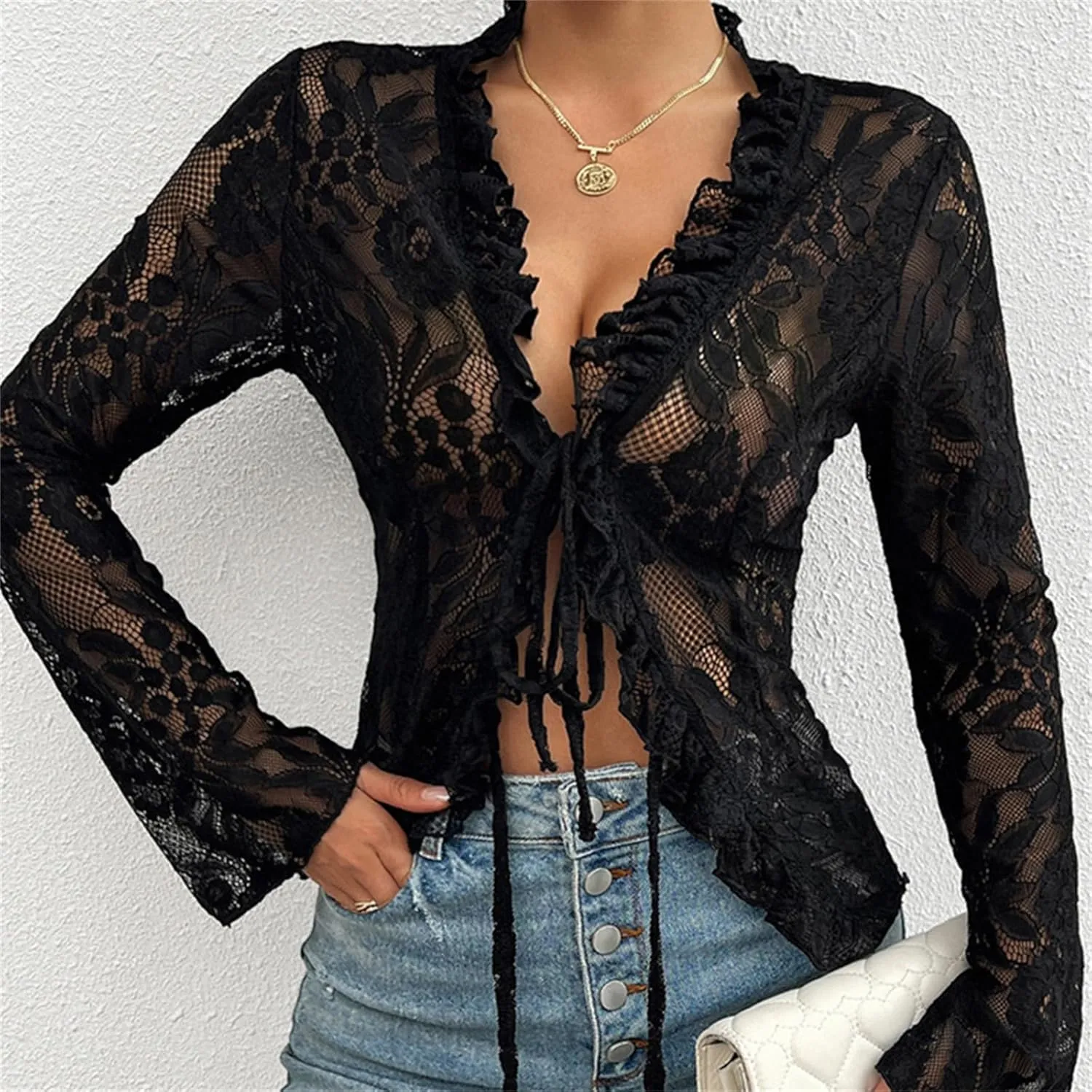 Womens Sheer Lace Floral Open Front Bolero Shrug Cardigan Sexy See Through Tie Up Top Summer Long Sleeve Cover Ups