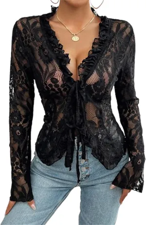 Womens Sheer Lace Floral Open Front Bolero Shrug Cardigan Sexy See Through Tie Up Top Summer Long Sleeve Cover Ups