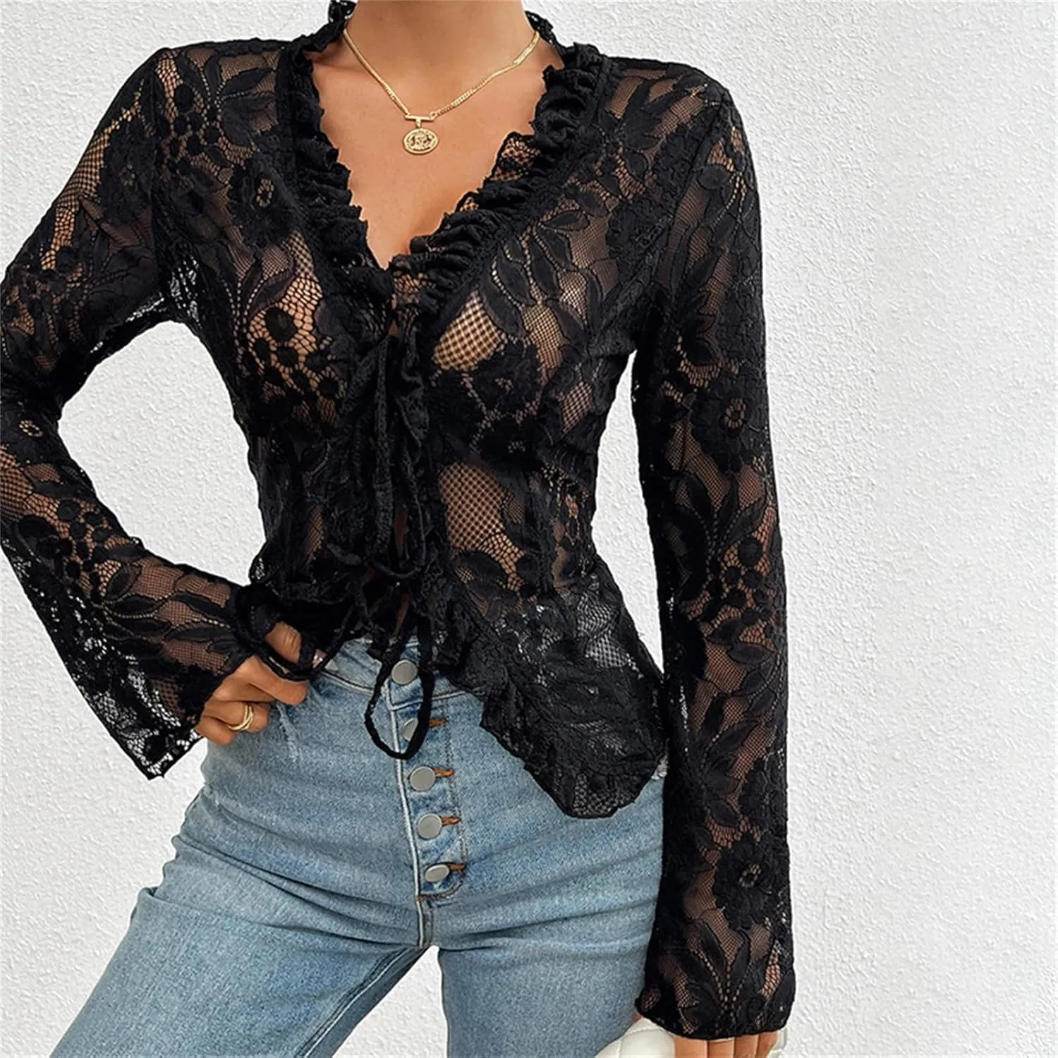 Womens Sheer Lace Floral Open Front Bolero Shrug Cardigan Sexy See Through Tie Up Top Summer Long Sleeve Cover Ups