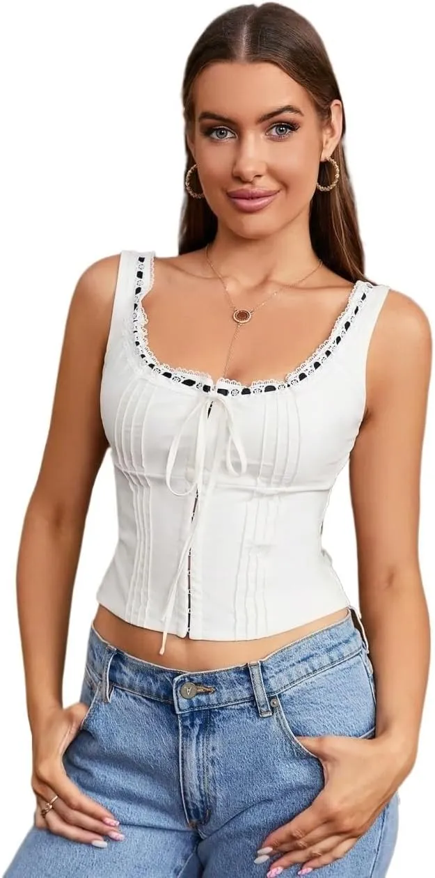 Womens Sleeveless Camisole Tank Tops Blouse Casual Slimming Tie Front Lace Trim Tank Top