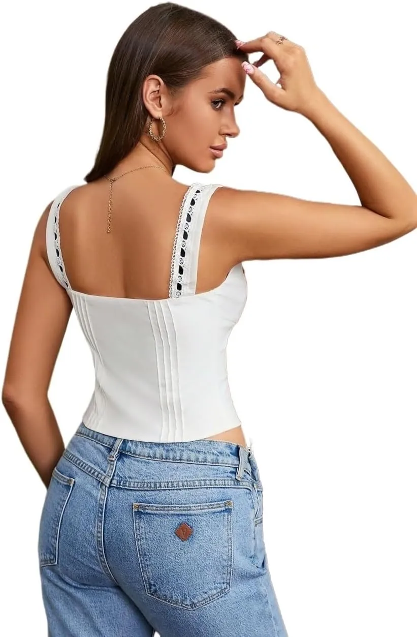 Womens Sleeveless Camisole Tank Tops Blouse Casual Slimming Tie Front Lace Trim Tank Top