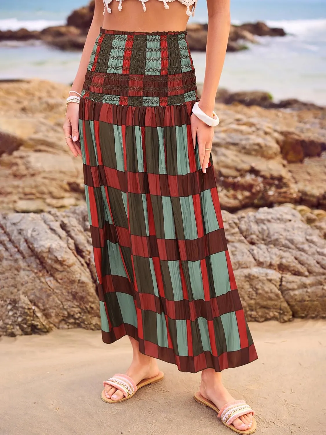 Women's Smocked Floral Maxi Skirts 2025 Summer Tube Dresses Flowy Boho Long A line Pleated Beach Skirt