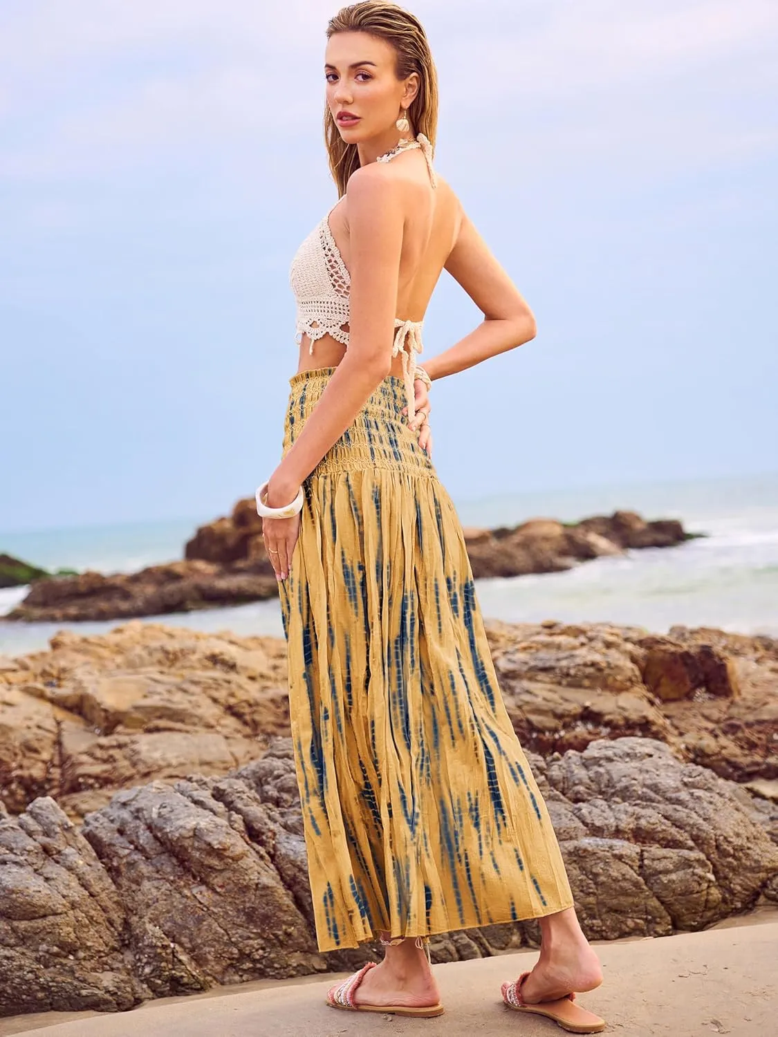 Women's Smocked Floral Maxi Skirts 2025 Summer Tube Dresses Flowy Boho Long A line Pleated Beach Skirt