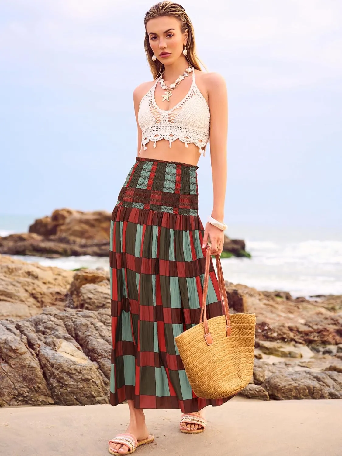 Women's Smocked Floral Maxi Skirts 2025 Summer Tube Dresses Flowy Boho Long A line Pleated Beach Skirt