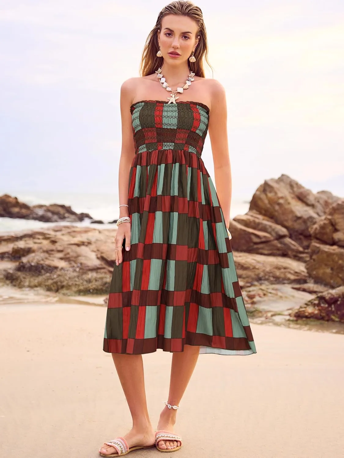 Women's Smocked Floral Maxi Skirts 2025 Summer Tube Dresses Flowy Boho Long A line Pleated Beach Skirt