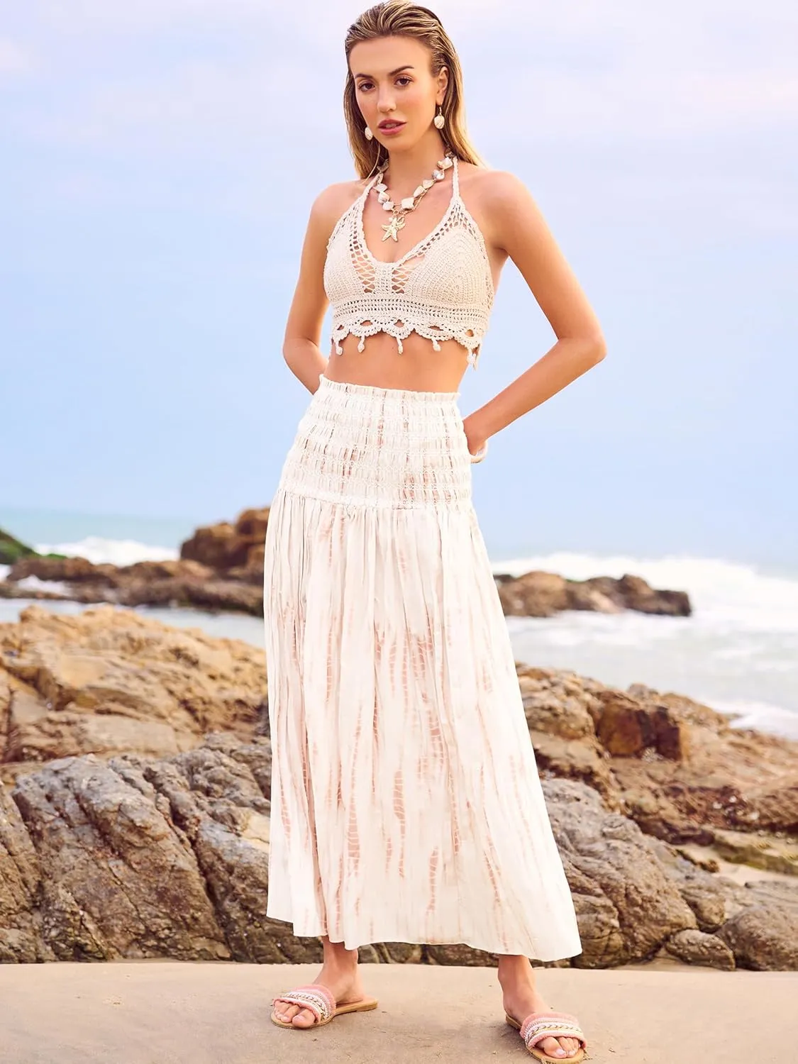 Women's Smocked Floral Maxi Skirts 2025 Summer Tube Dresses Flowy Boho Long A line Pleated Beach Skirt