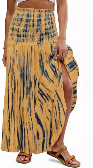 Women's Smocked Floral Maxi Skirts 2025 Summer Tube Dresses Flowy Boho Long A line Pleated Beach Skirt