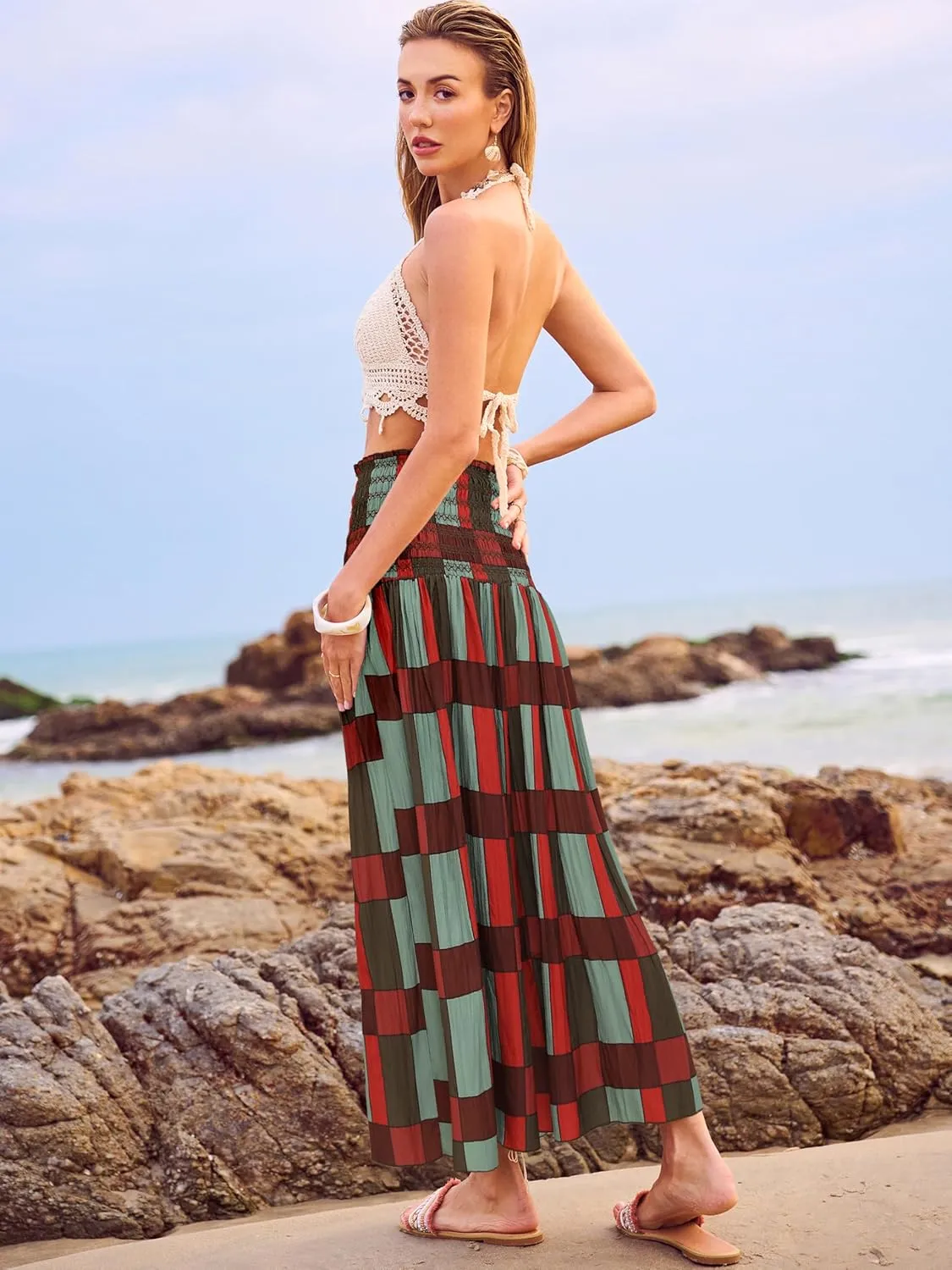 Women's Smocked Floral Maxi Skirts 2025 Summer Tube Dresses Flowy Boho Long A line Pleated Beach Skirt