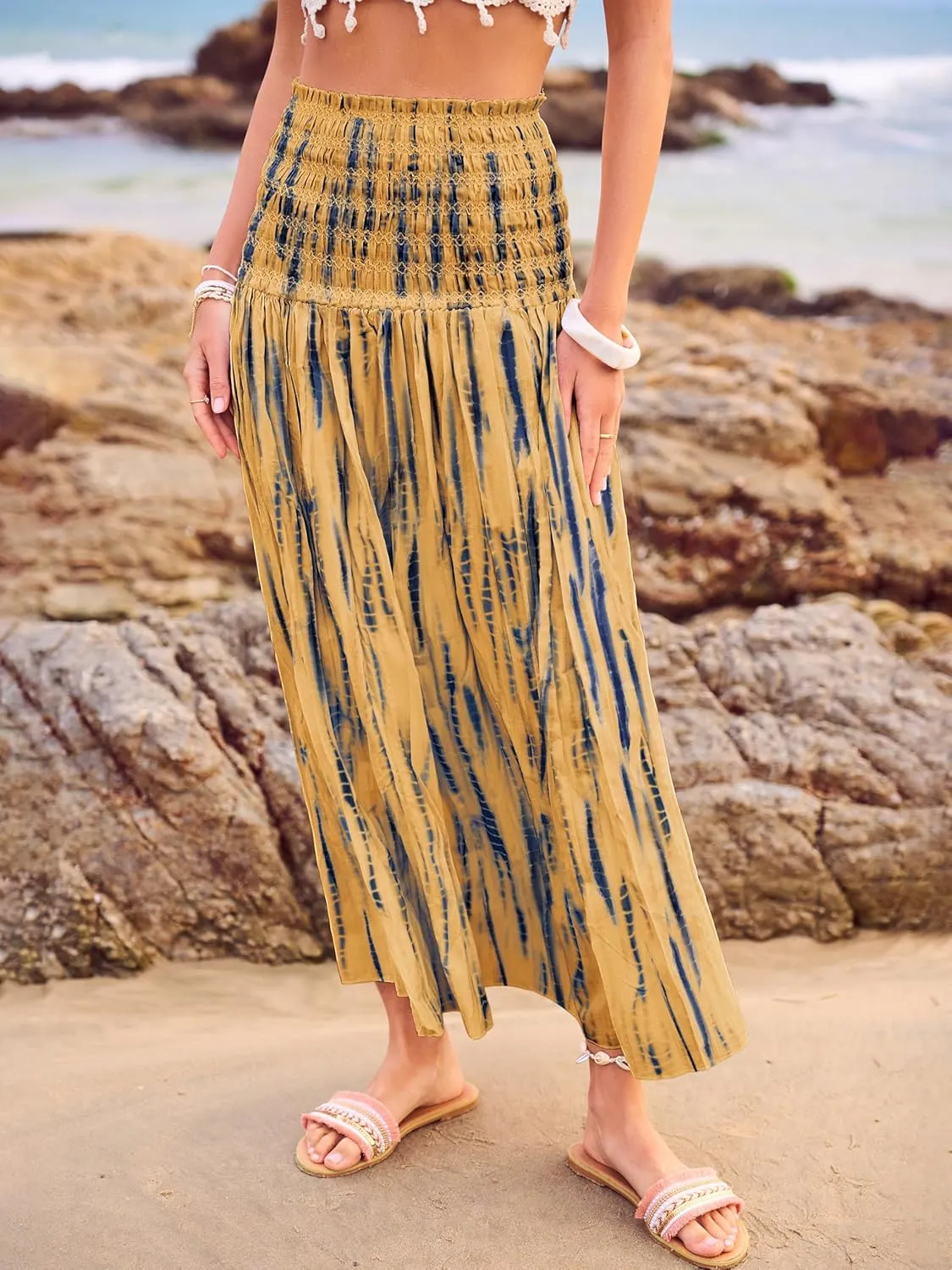 Women's Smocked Floral Maxi Skirts 2025 Summer Tube Dresses Flowy Boho Long A line Pleated Beach Skirt