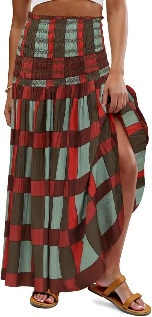 Women's Smocked Floral Maxi Skirts 2025 Summer Tube Dresses Flowy Boho Long A line Pleated Beach Skirt