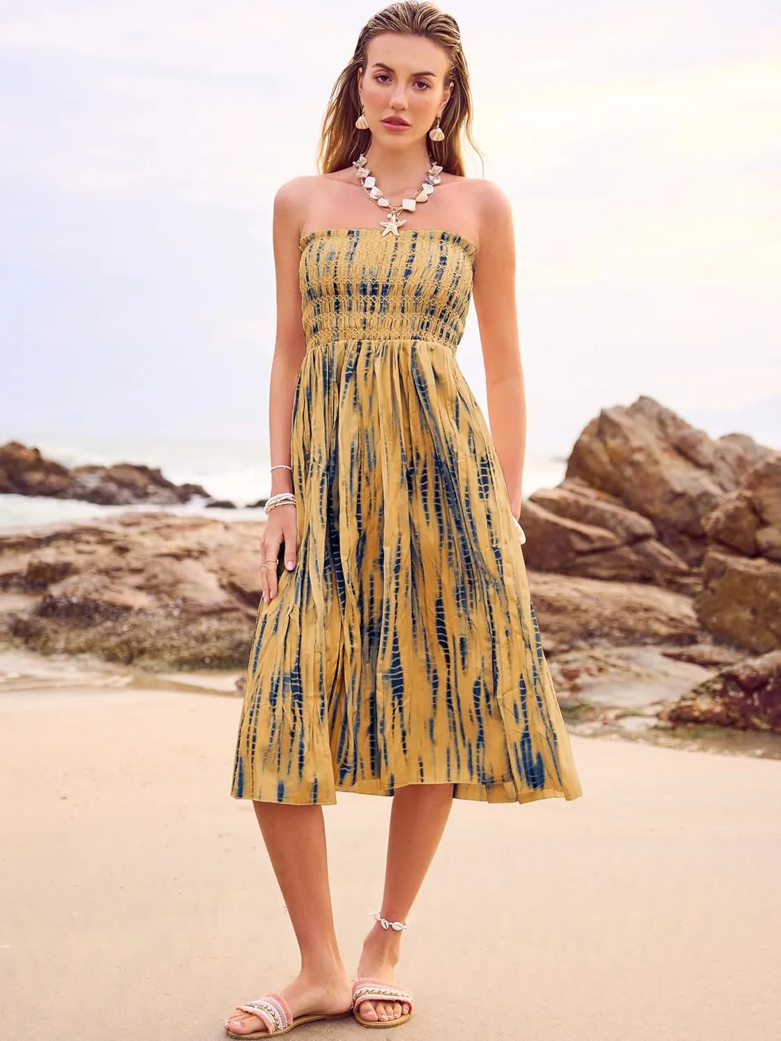 Women's Smocked Floral Maxi Skirts 2025 Summer Tube Dresses Flowy Boho Long A line Pleated Beach Skirt