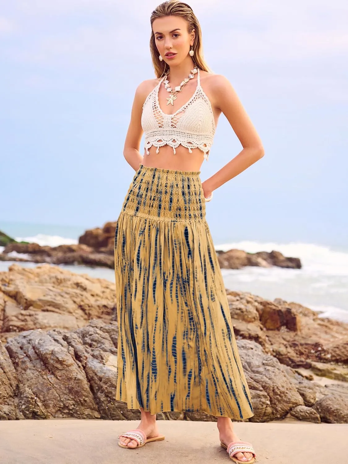 Women's Smocked Floral Maxi Skirts 2025 Summer Tube Dresses Flowy Boho Long A line Pleated Beach Skirt