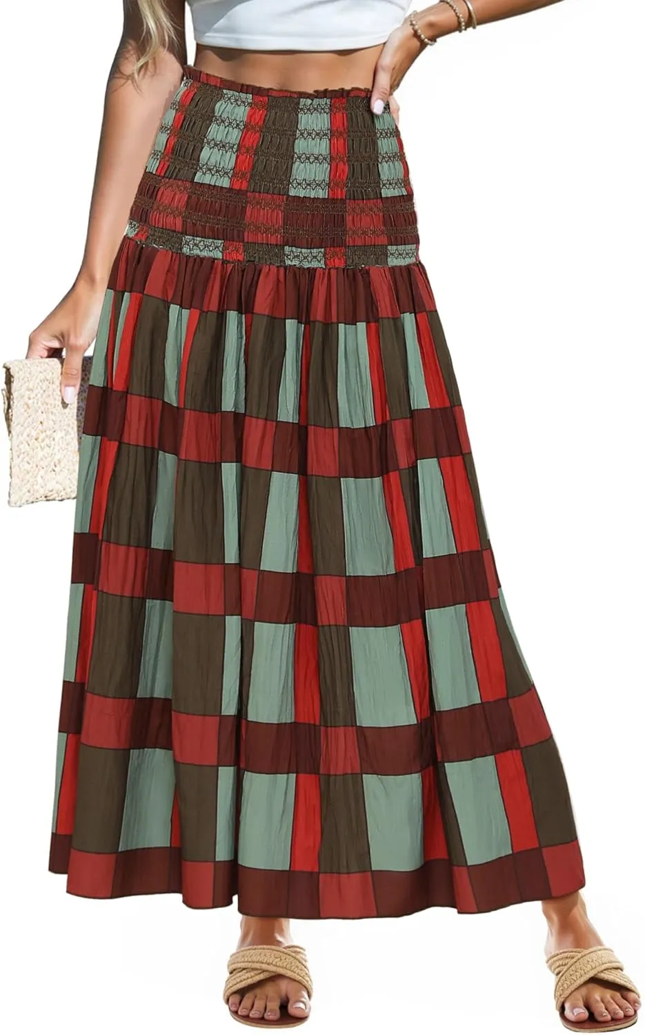 Women's Smocked Floral Maxi Skirts 2025 Summer Tube Dresses Flowy Boho Long A line Pleated Beach Skirt