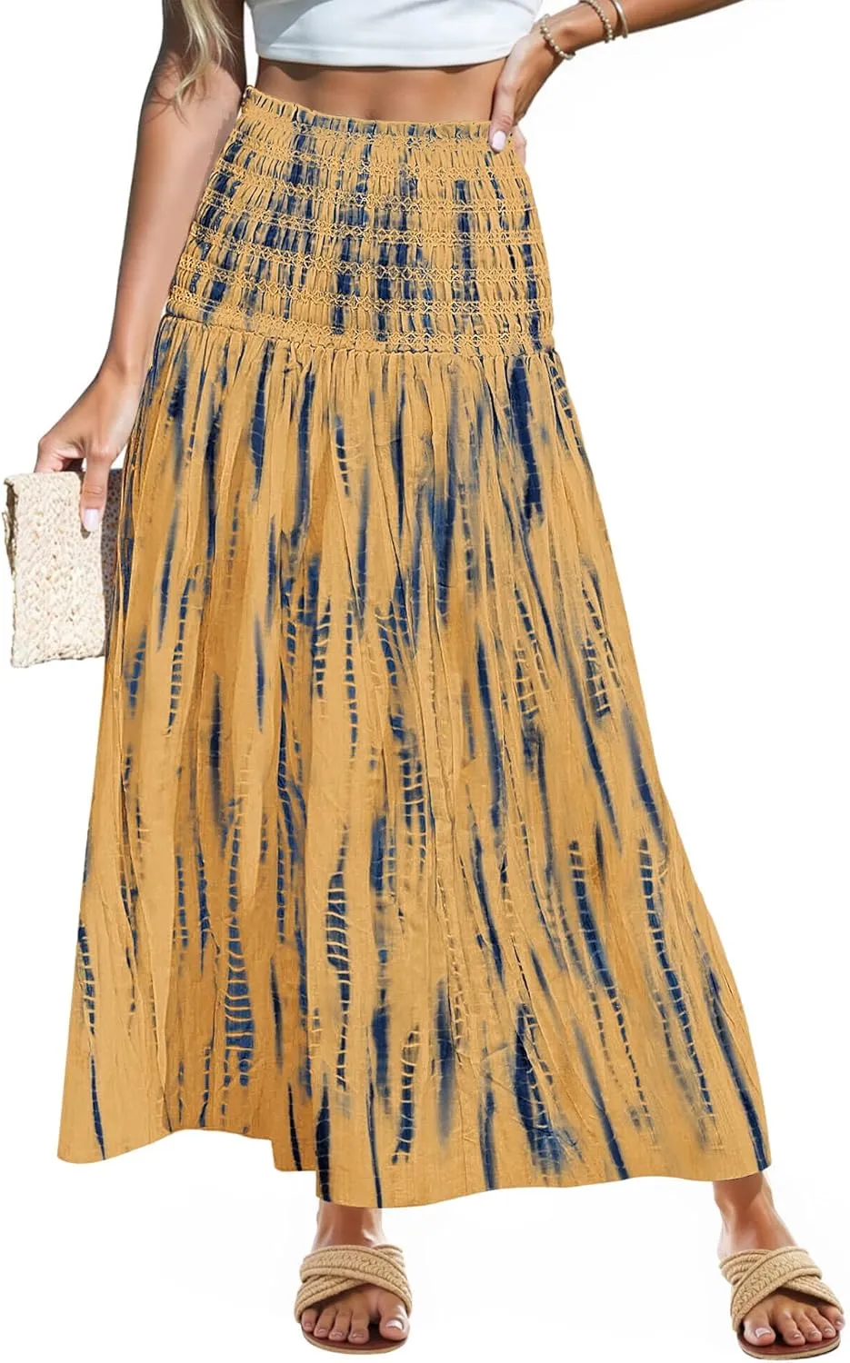 Women's Smocked Floral Maxi Skirts 2025 Summer Tube Dresses Flowy Boho Long A line Pleated Beach Skirt