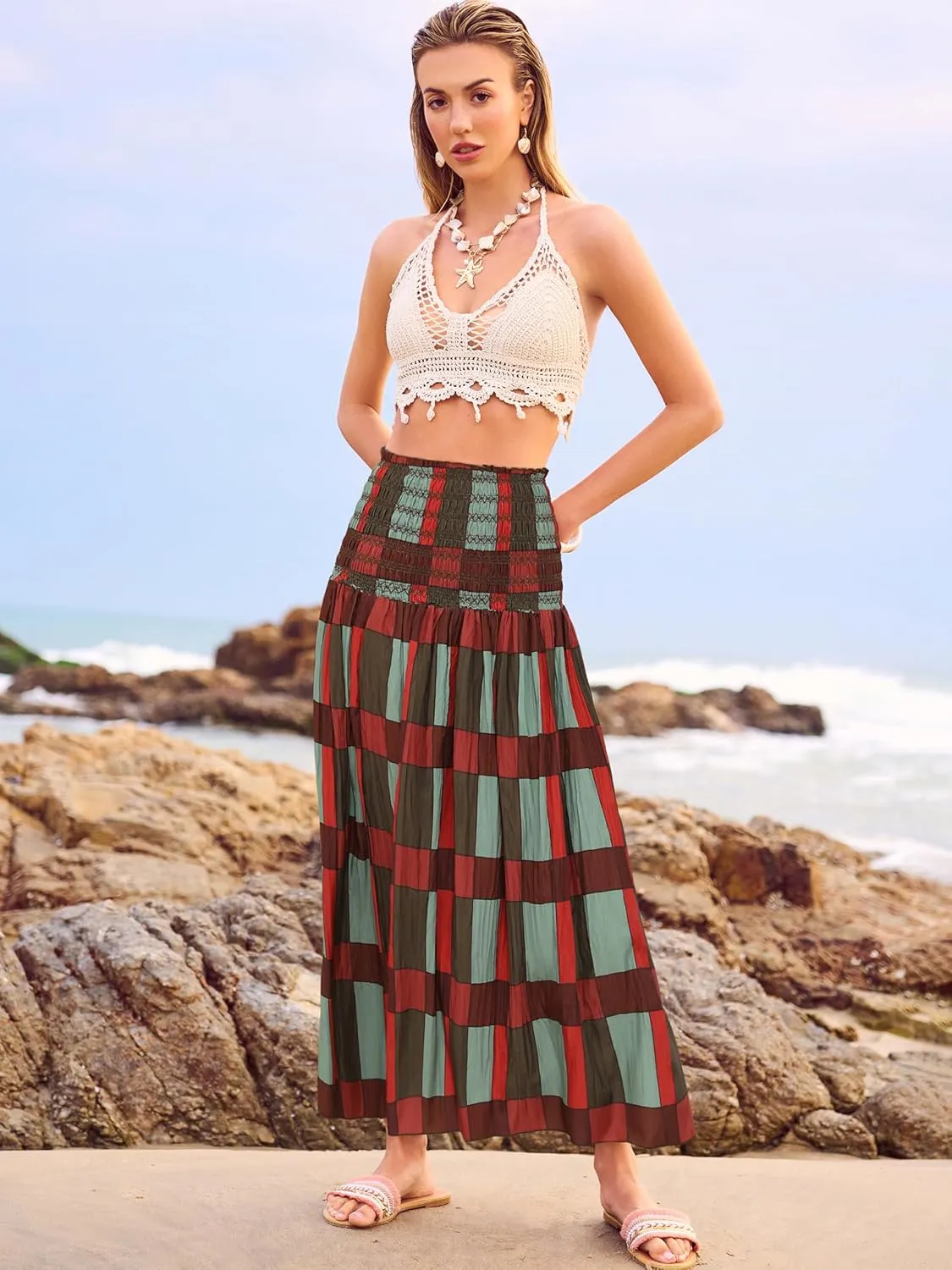 Women's Smocked Floral Maxi Skirts 2025 Summer Tube Dresses Flowy Boho Long A line Pleated Beach Skirt
